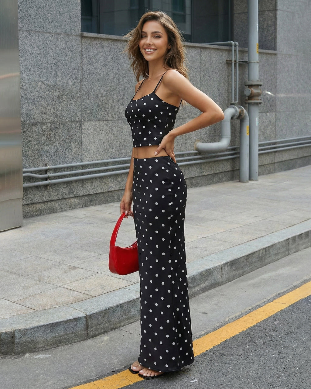 Black Polka Dot High Waist Satin Maxi Skirt