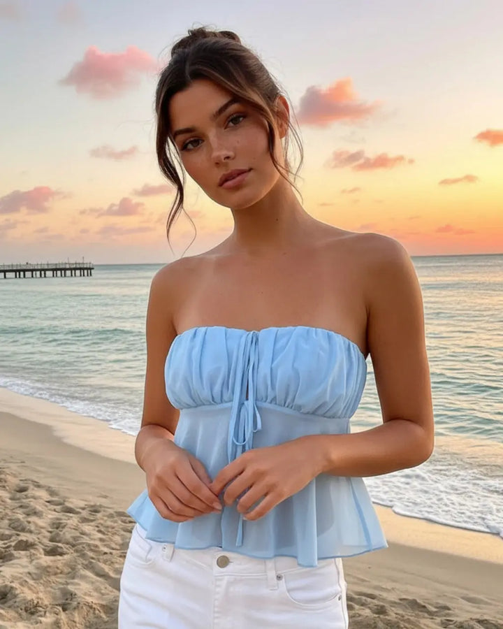 SOLACE  Light Blue Sheer Gathered Detail Slim Fit Cropped Tube Top 