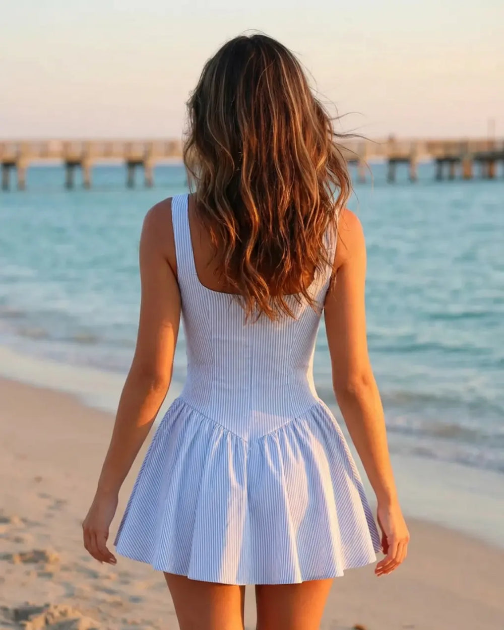 Blue Corset Bodice Pinstripe Print Bow Detail Slim Fit Mini Dress SOLACE