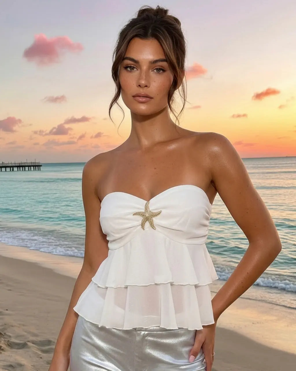 White Strapless Starfish Embellished Layered Ruffle Crop Top SOLACE