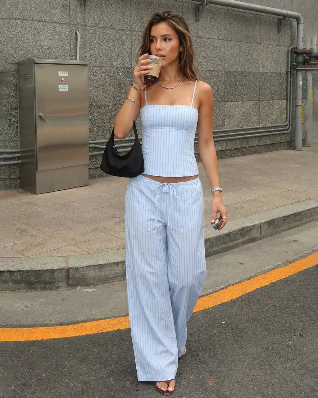 Light Blue White Striped Square Neck Cami Crop Top Wide Leg Pants Set - SOLACE