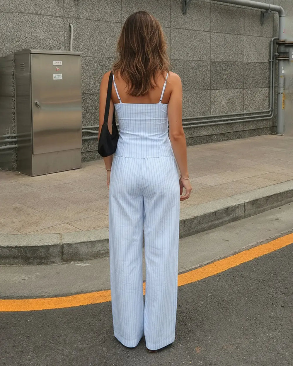 Light Blue White Striped Square Neck Cami Crop Top Wide Leg Pants Set - SOLACE