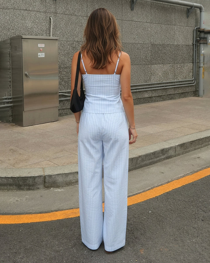 SOLACE  Light Blue White Striped Square Neck Cami Crop Top Wide Leg Pants Set 