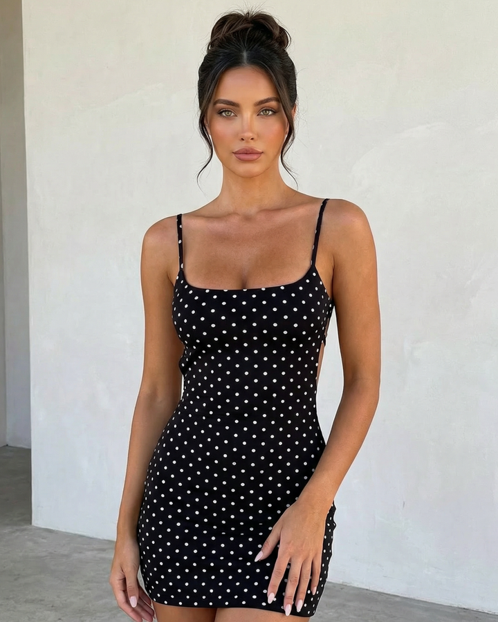 Sexy Black Polka Dot Lace Up Backless Mini Dress