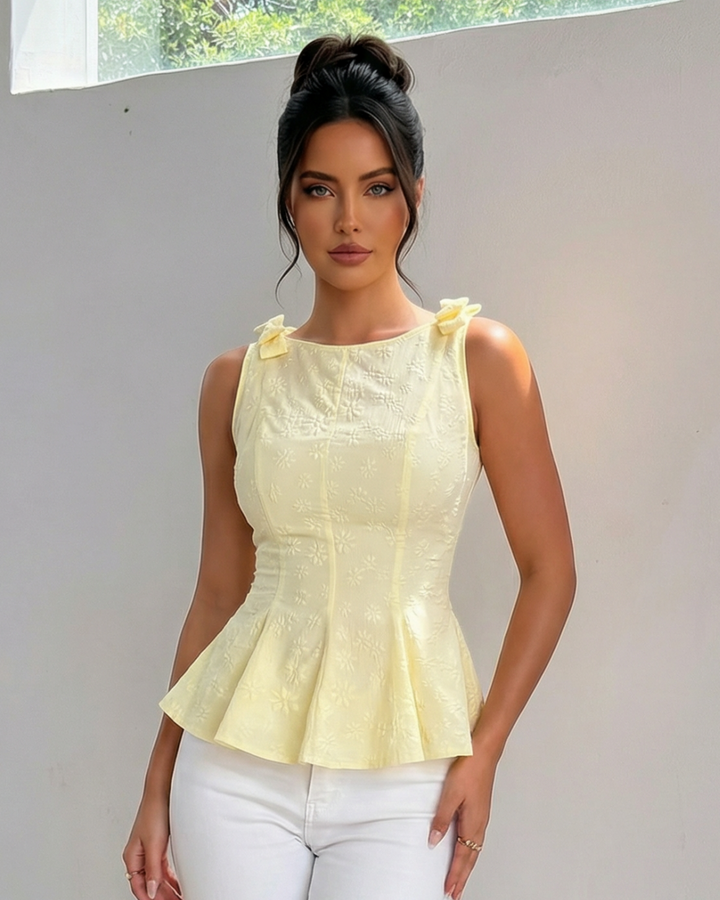 Yellow Corset Textured Embroidery Peplum Top