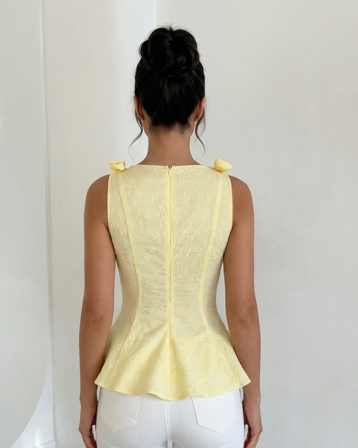 Yellow Corset Textured Embroidery Peplum Top