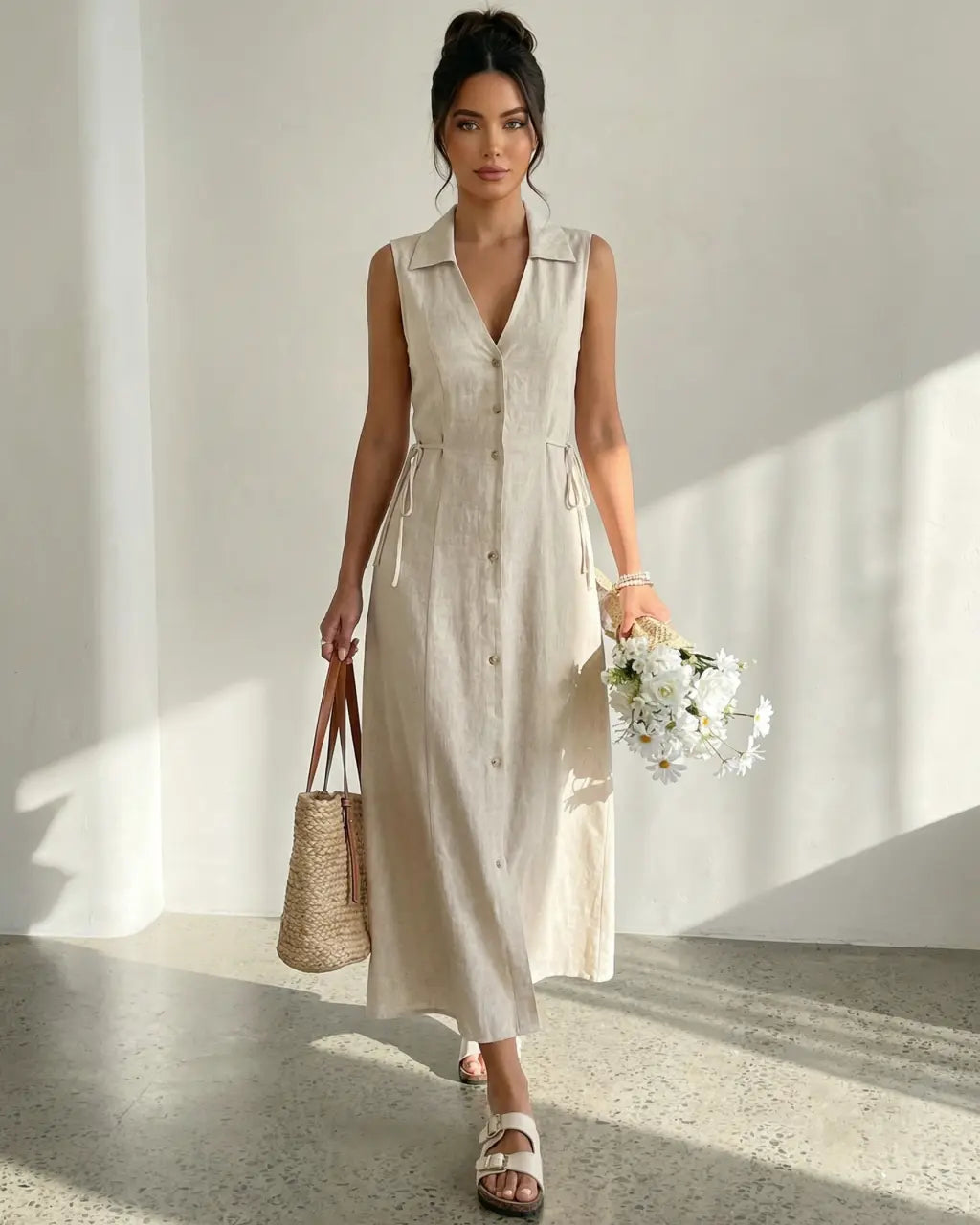 Beige Button-Down Linen Texture Slim Fit Midi Dress SOLACE