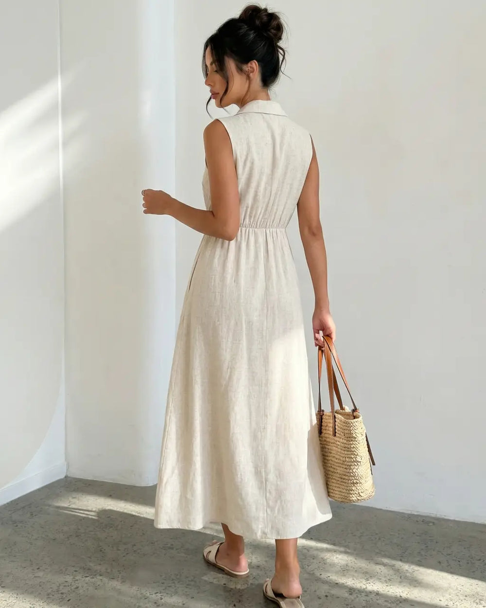 Beige Button-Down Linen Texture Slim Fit Midi Dress SOLACE