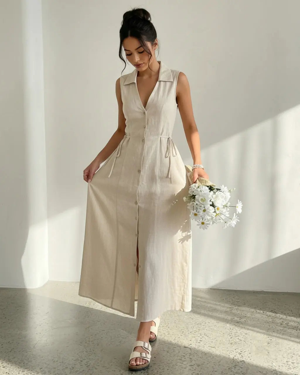 Beige Button-Down Linen Texture Slim Fit Midi Dress SOLACE