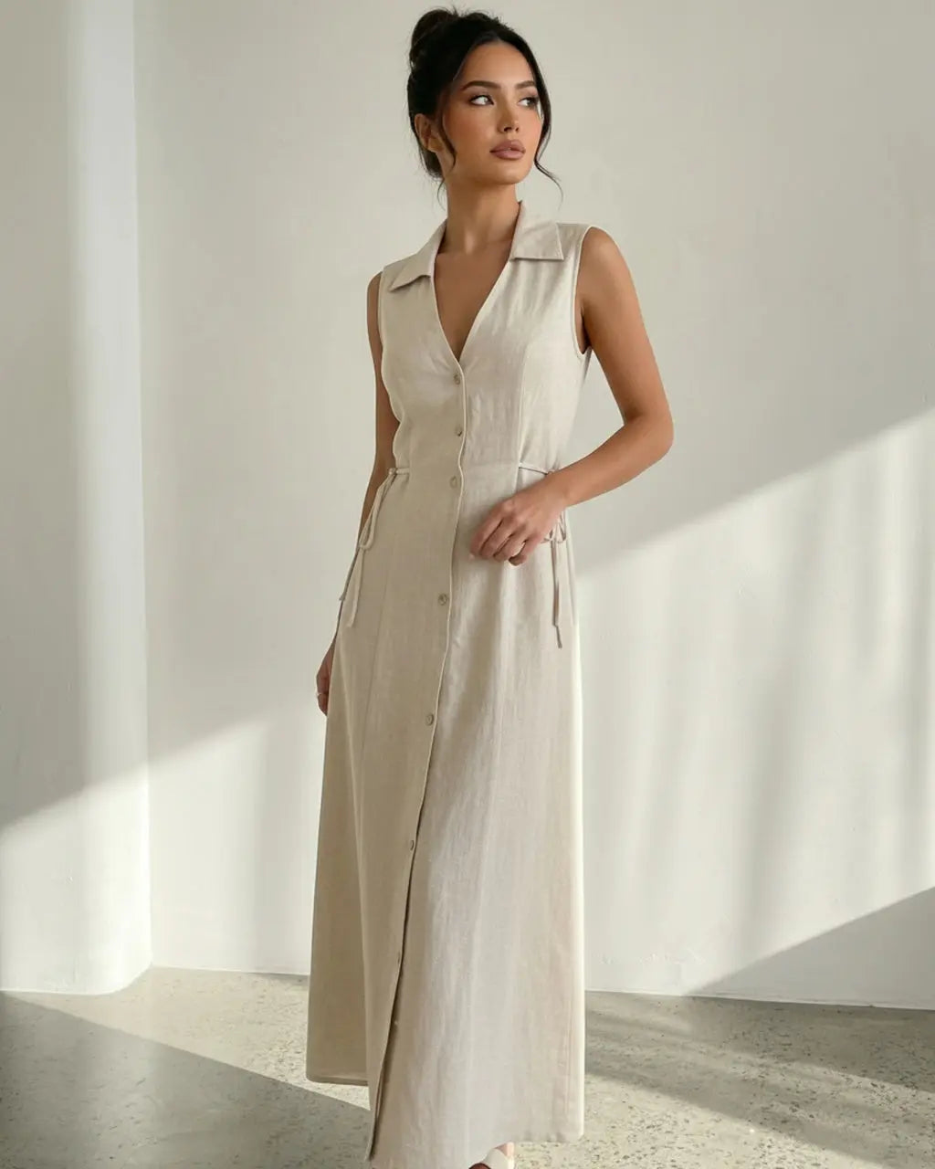 Beige Button-Down Linen Texture Slim Fit Midi Dress SOLACE