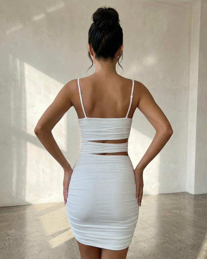 Sexy White Cut Out Design Ruched Bodycon Mini Dress