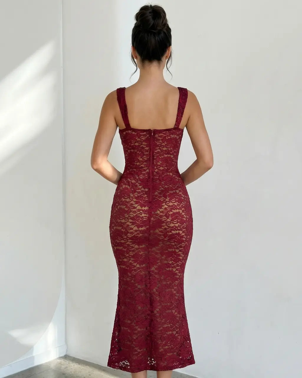 Burgundy Elegant Floral Lace Tie Front Slim Fit Midi Dress SOLACE