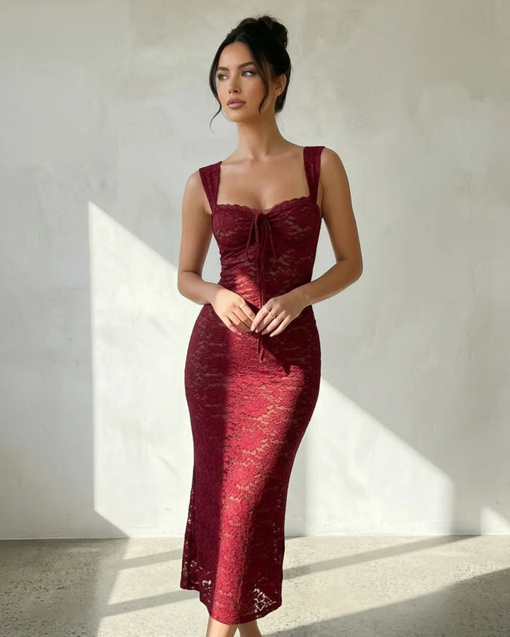 Burgundy Elegant Floral Lace Tie Front Slim Fit Midi Dress SOLACE