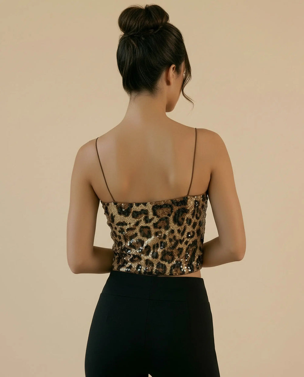 SOLACE  Leopard Print Sequin Spaghetti Strap Crop Cami Top 