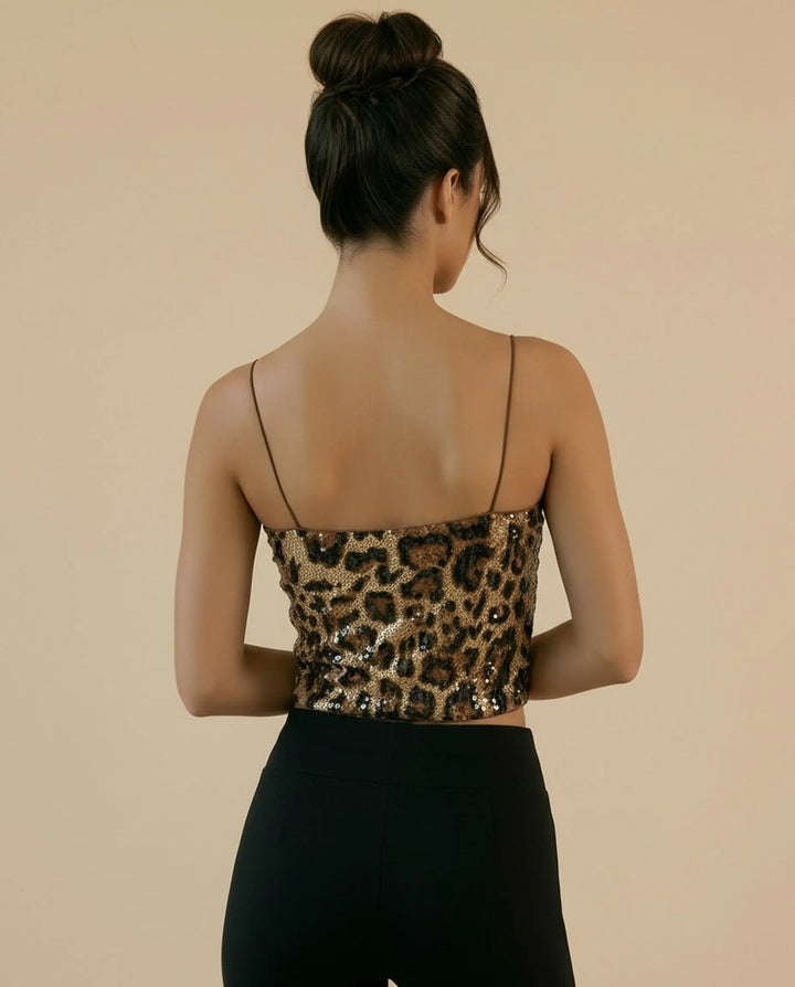 SOLACE  Leopard Print Sequin Spaghetti Strap Crop Cami Top 