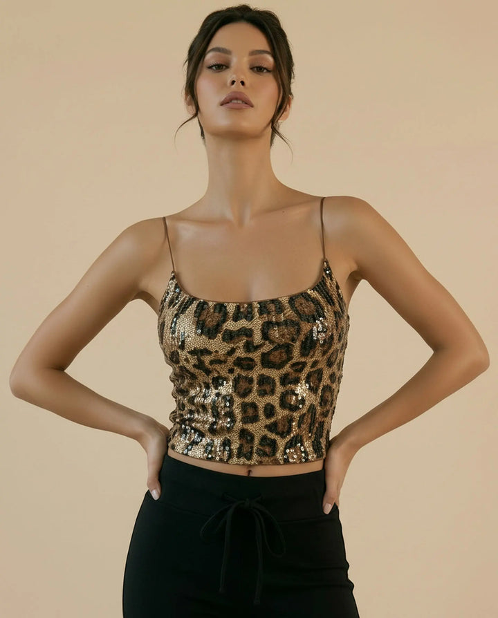 SOLACE  Leopard Print Sequin Spaghetti Strap Crop Cami Top 