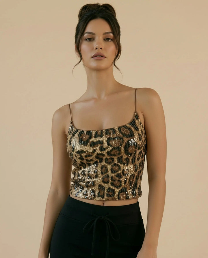 SOLACE  Leopard Print Sequin Spaghetti Strap Crop Cami Top 