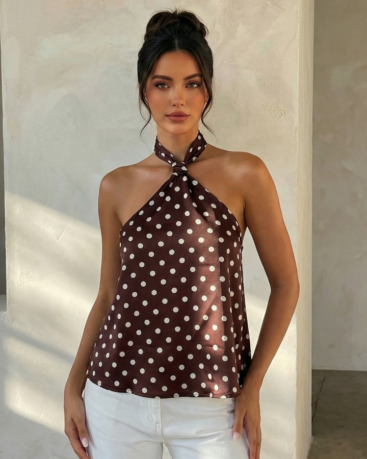 Elegant Brown Polka Dot Halter Neck Backless Top