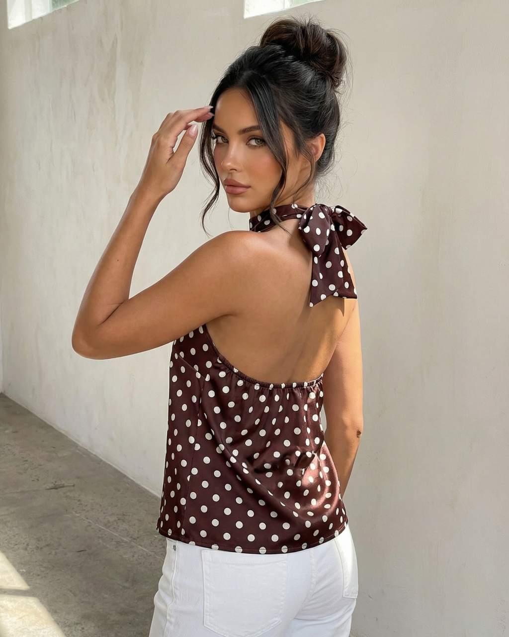 Elegant Brown Polka Dot Halter Neck Backless Top