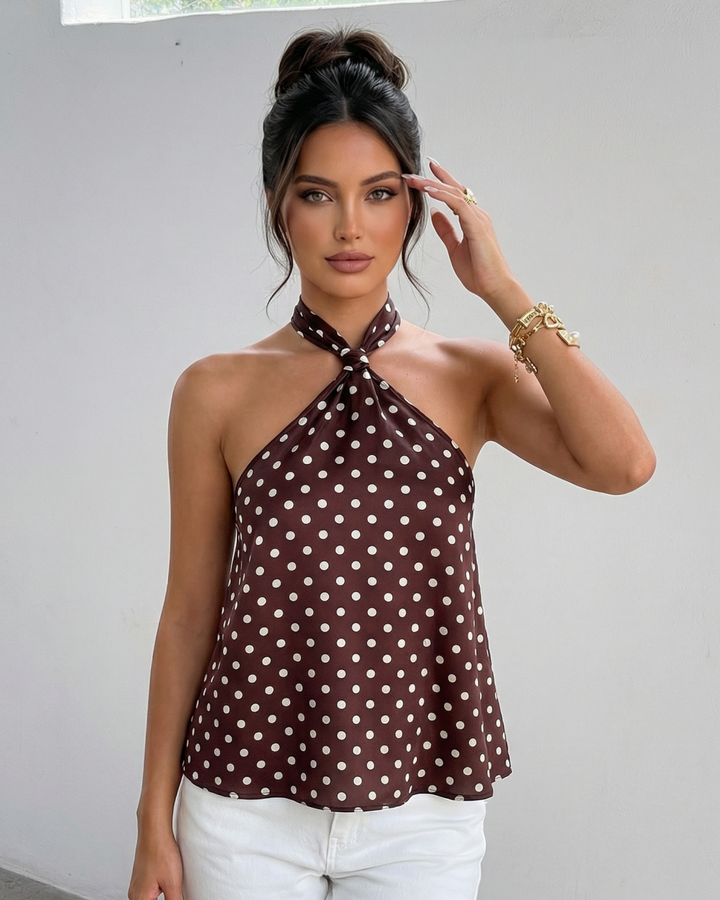 Elegant Brown Polka Dot Halter Neck Backless Top