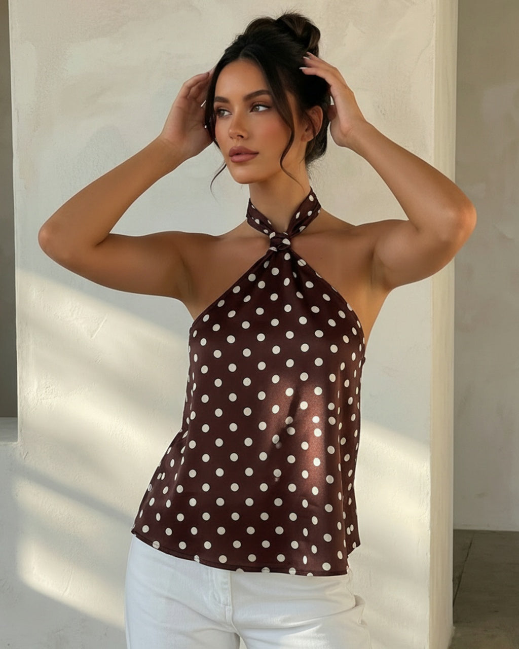 Elegant Brown Polka Dot Halter Neck Backless Top