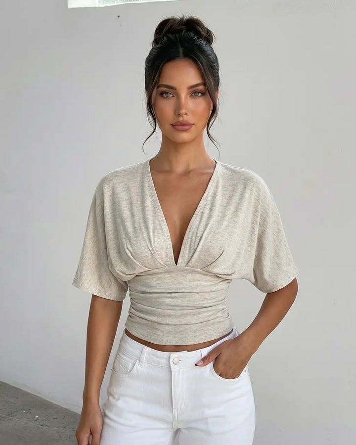 Beige V-neck Ruched Waist Soft Knit Slim Fit Cropped Top SOLACE