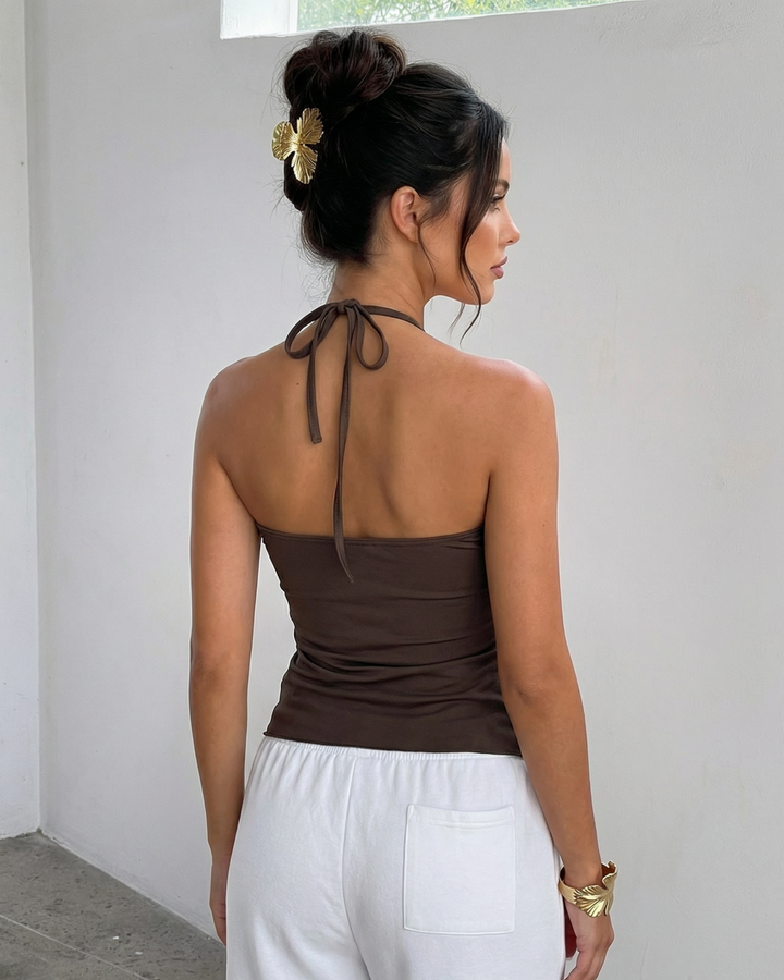 Brown Halter Ring Detail Knit Asymmetric Hem Top