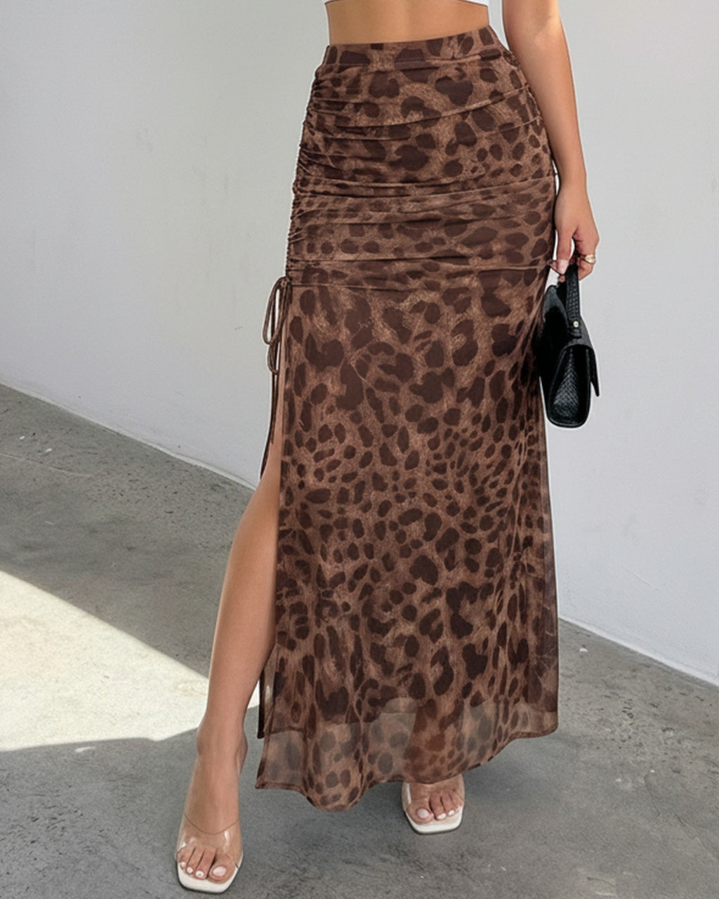 Sexy Leopard Print Drawstring Sheer Mesh Maxi Skirt
