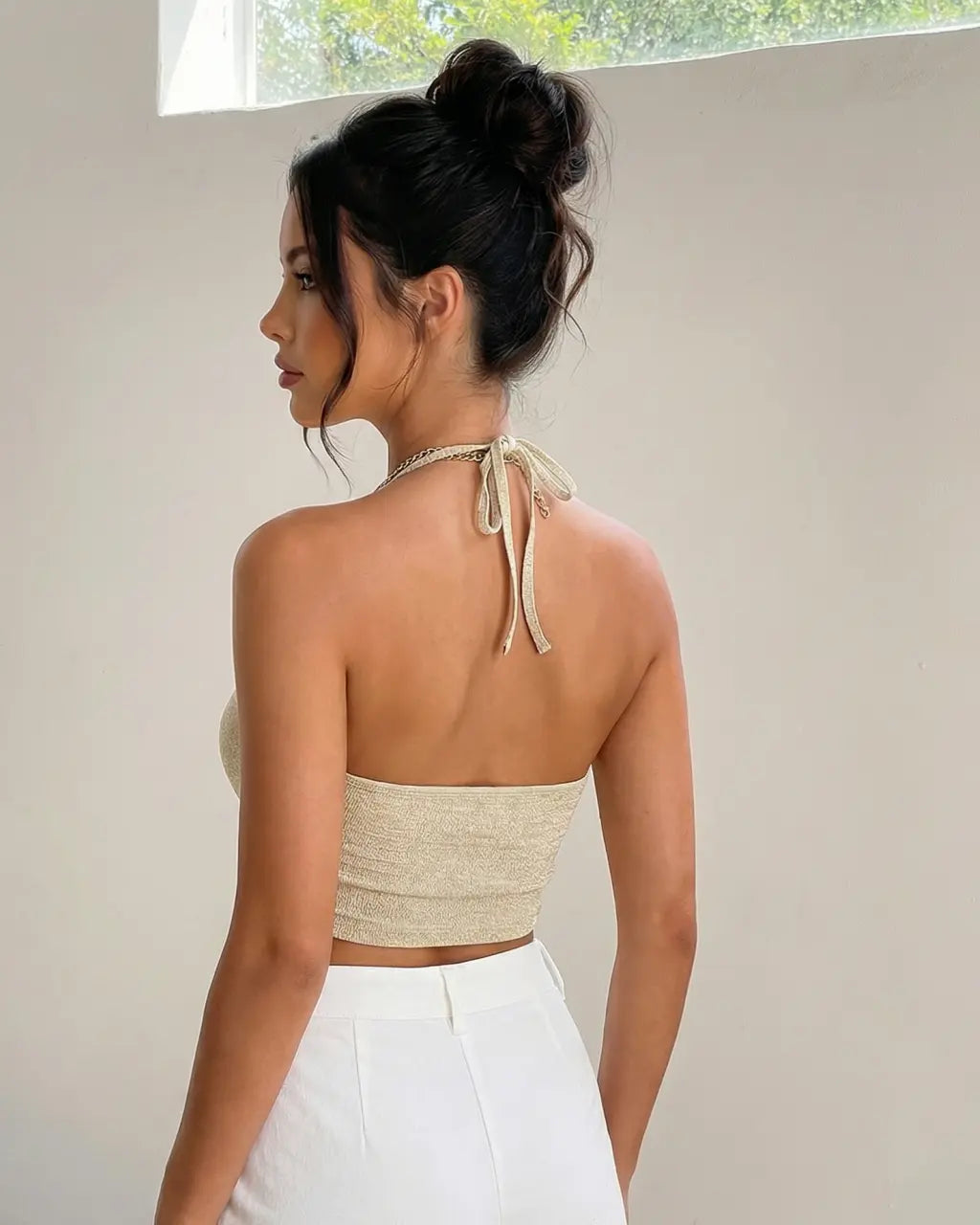 SOLACE  Beige Halter Neck Cowl Neck Tie Back Bandana Hem Crop Top 