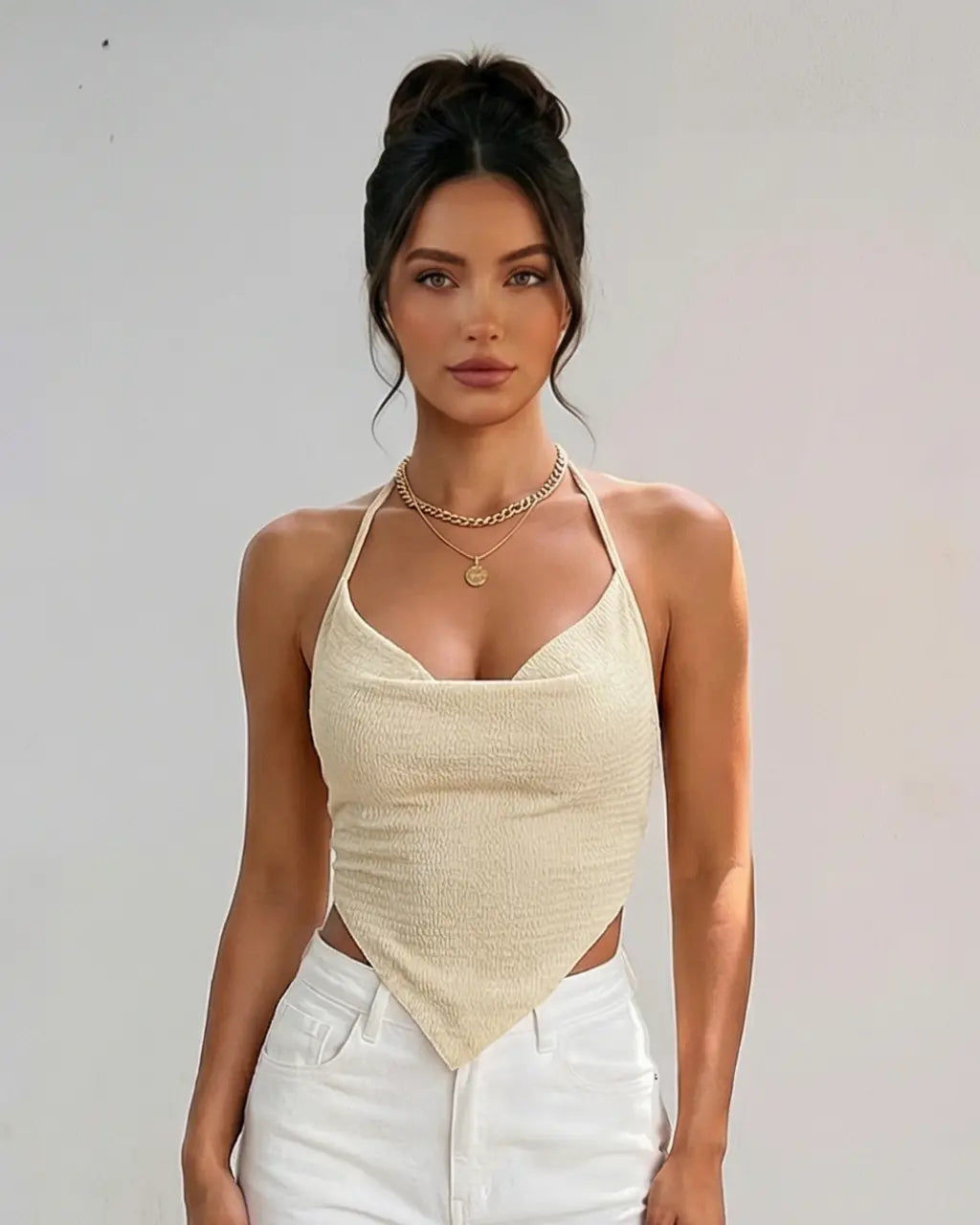 SOLACE  Beige Halter Neck Cowl Neck Tie Back Bandana Hem Crop Top 
