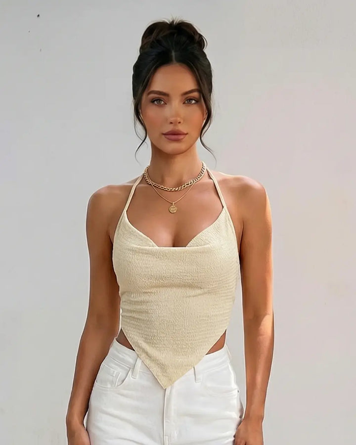 SOLACE  Beige Halter Neck Cowl Neck Tie Back Bandana Hem Crop Top 