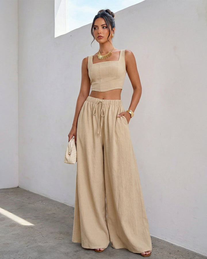 Beige Linen Blend Square Neck Corset Top Wide Leg Pants  Set