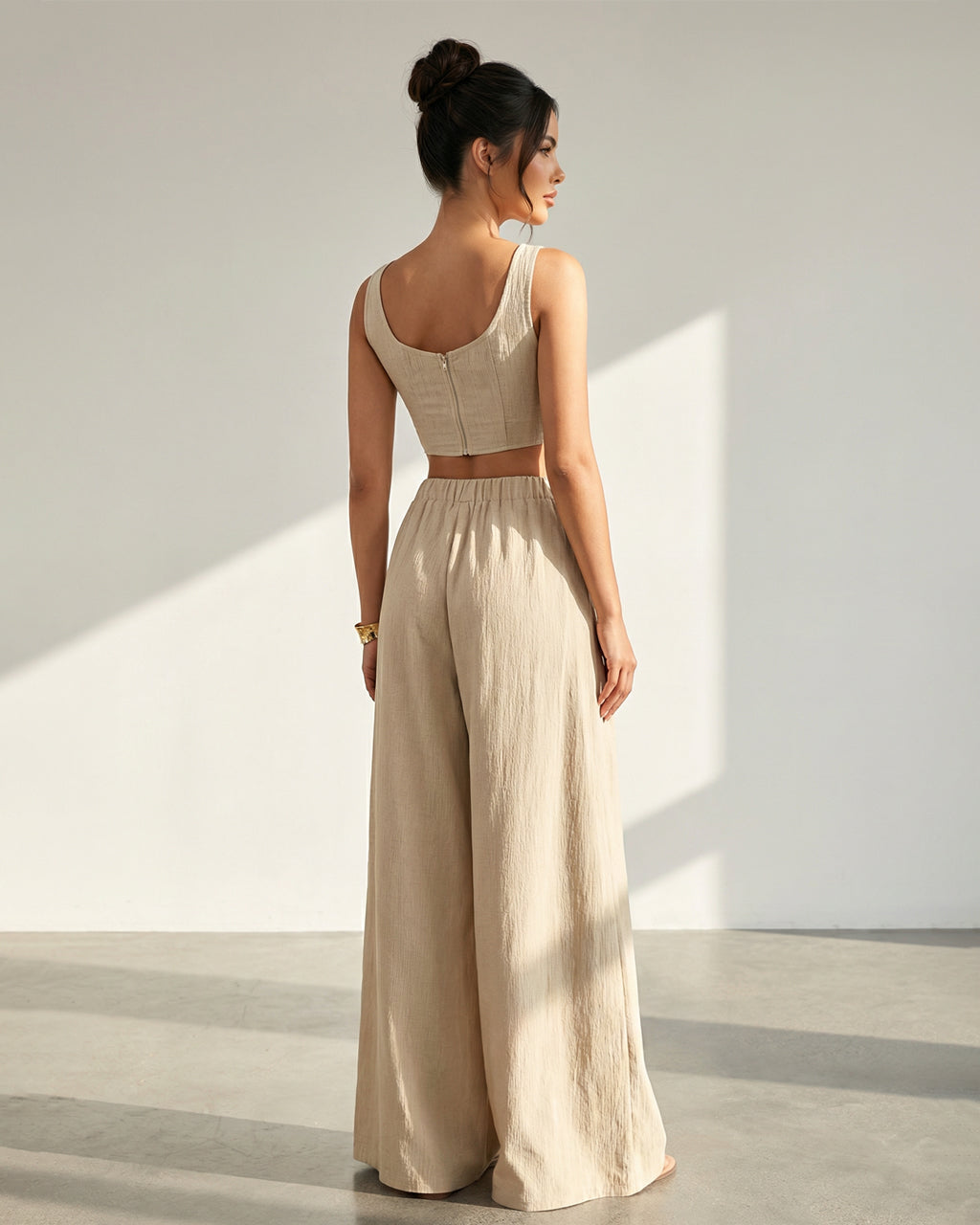 Beige Linen Blend Square Neck Corset Top Wide Leg Pants  Set
