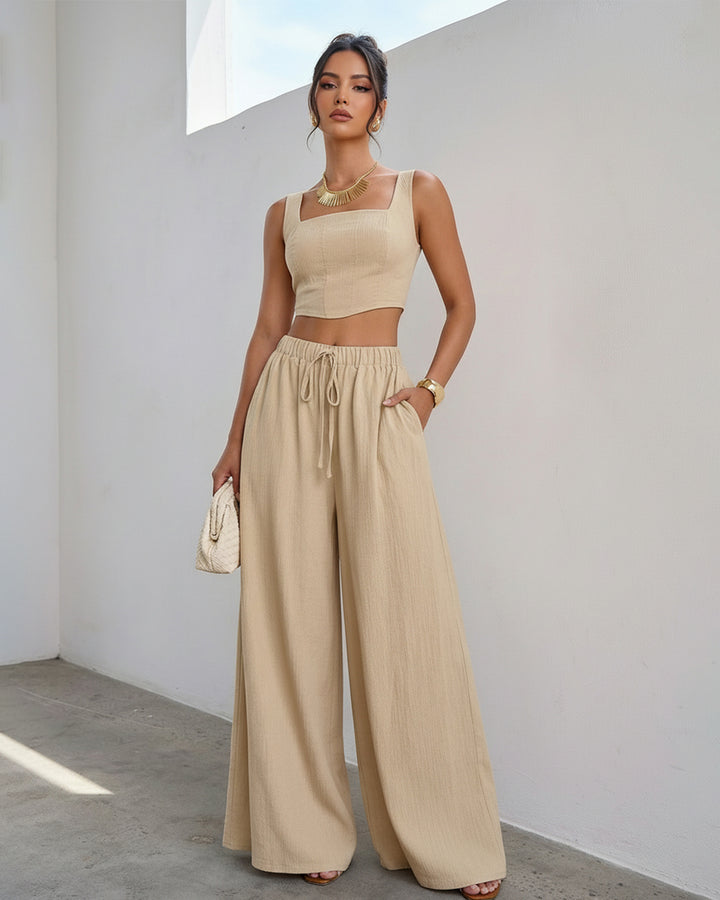 Beige Linen Blend Square Neck Corset Top Wide Leg Pants  Set