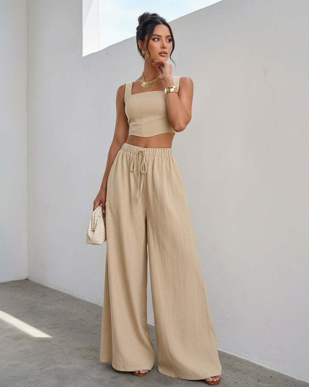 Beige Linen Blend Square Neck Corset Top Wide Leg Pants  Set
