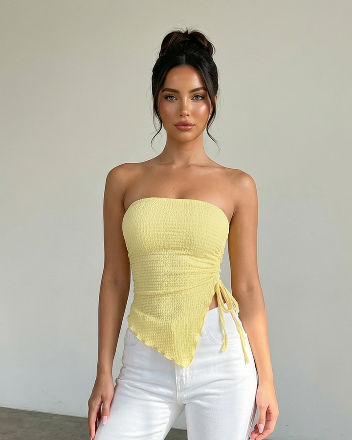 Yellow Strapless Ruched Side Textured Cropped Tube Top