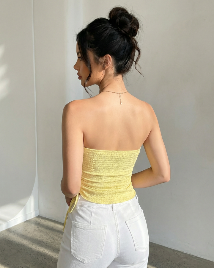 Yellow Strapless Ruched Side Textured Cropped Tube Top