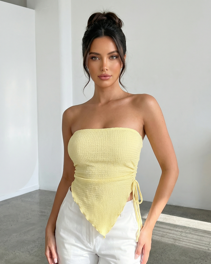 Yellow Strapless Ruched Side Textured Cropped Tube Top