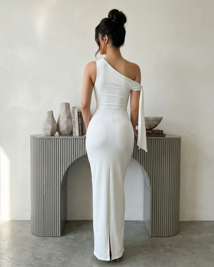 White One-Shoulder Self-Tie Sash Ruched Bodycon Maxi Dress