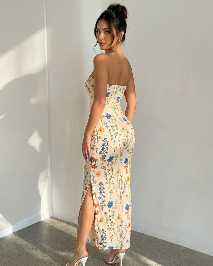 Floral Print Strapless  Ruched Bodycon Side Slit Maxi Dress
