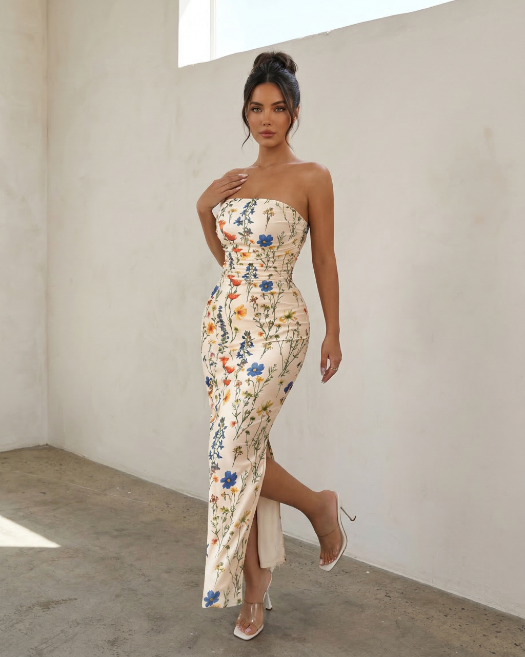 Floral Print Strapless  Ruched Bodycon Side Slit Maxi Dress