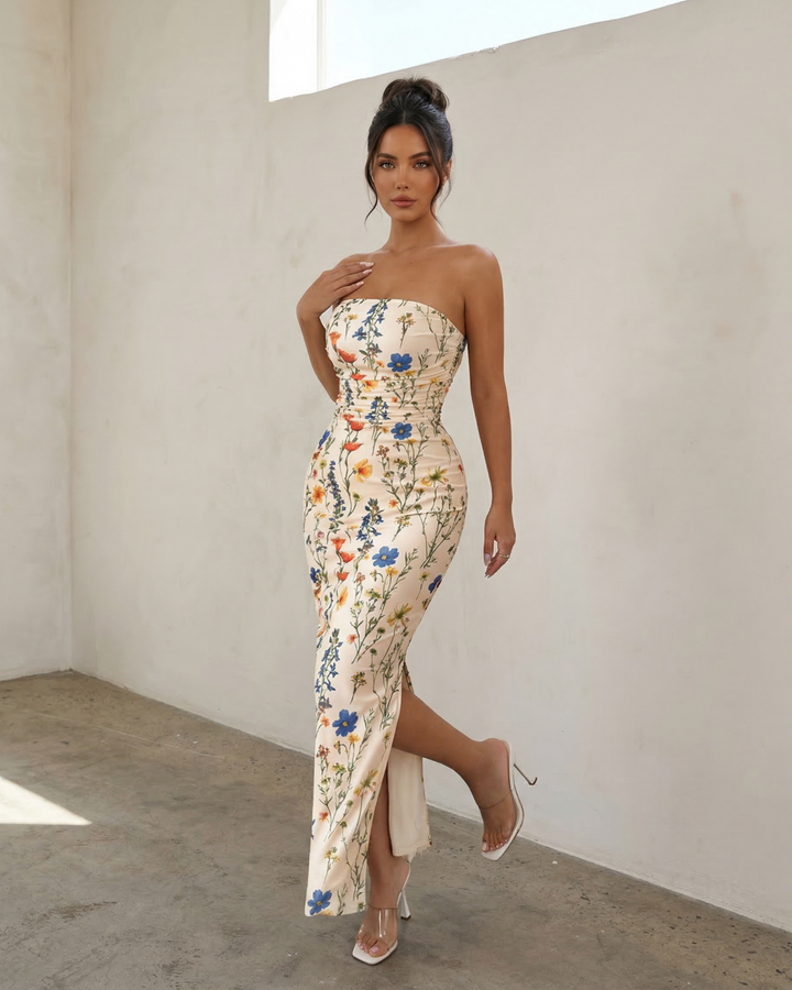 Floral Print Strapless  Ruched Bodycon Side Slit Maxi Dress