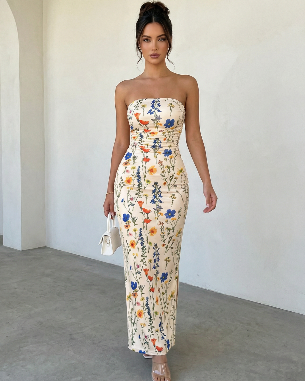 Floral Print Strapless  Ruched Bodycon Side Slit Maxi Dress