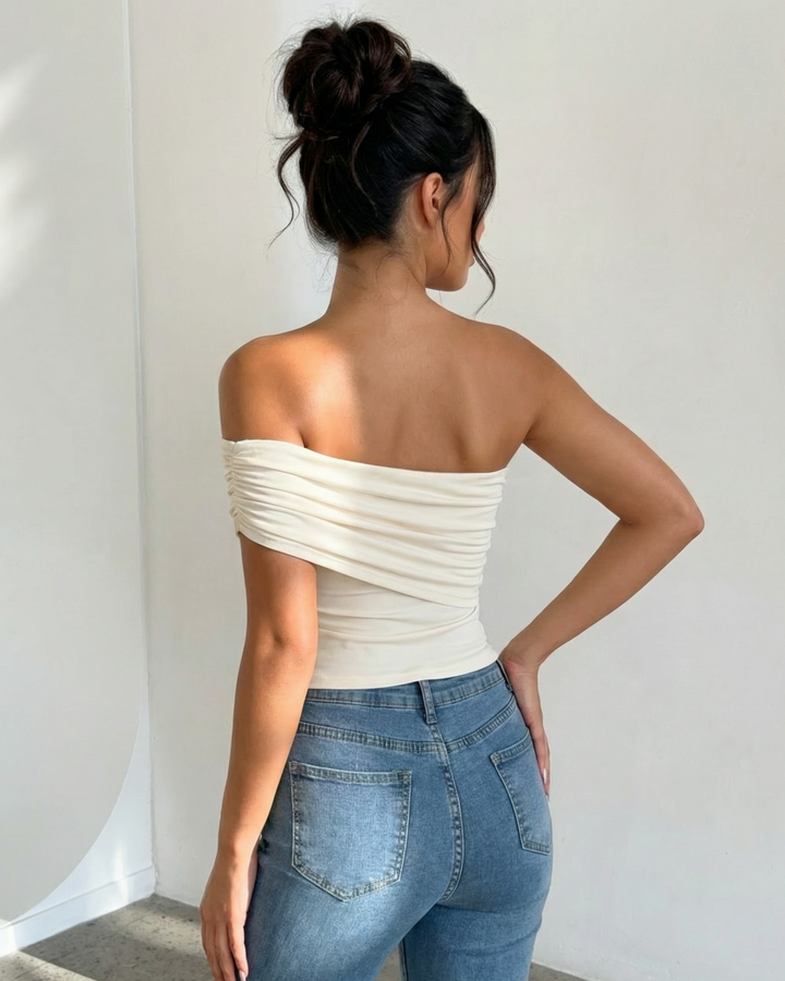 Cream One-Shoulder Ruched Asymmetric Hem Top