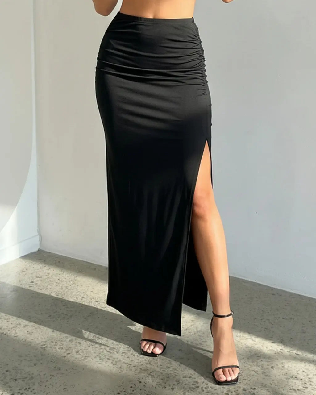 Black High Slit Ruched Stretchy Maxi Skirt SOLACE