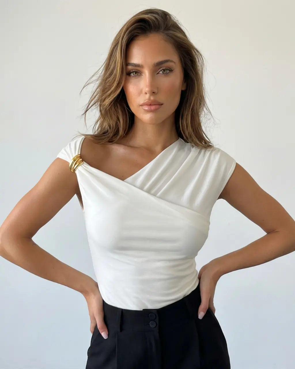 White One Shoulder with Gold Hardware Ruched Top Daily Wear Top SOLACE