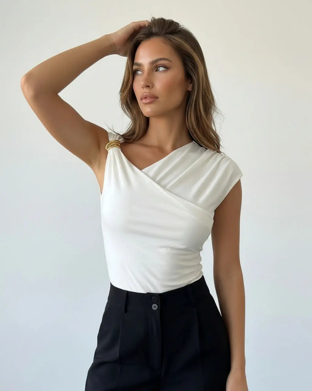 White One Shoulder with Gold Hardware Ruched Top Daily Wear Top SOLACE