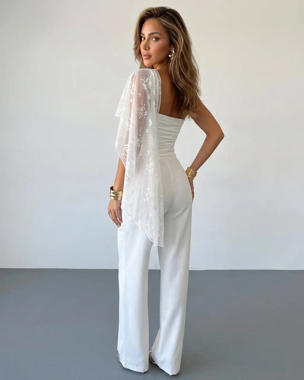 SOLACE  White One Shoulder Floral Lace Overlay Ruched Waist Crop Top 