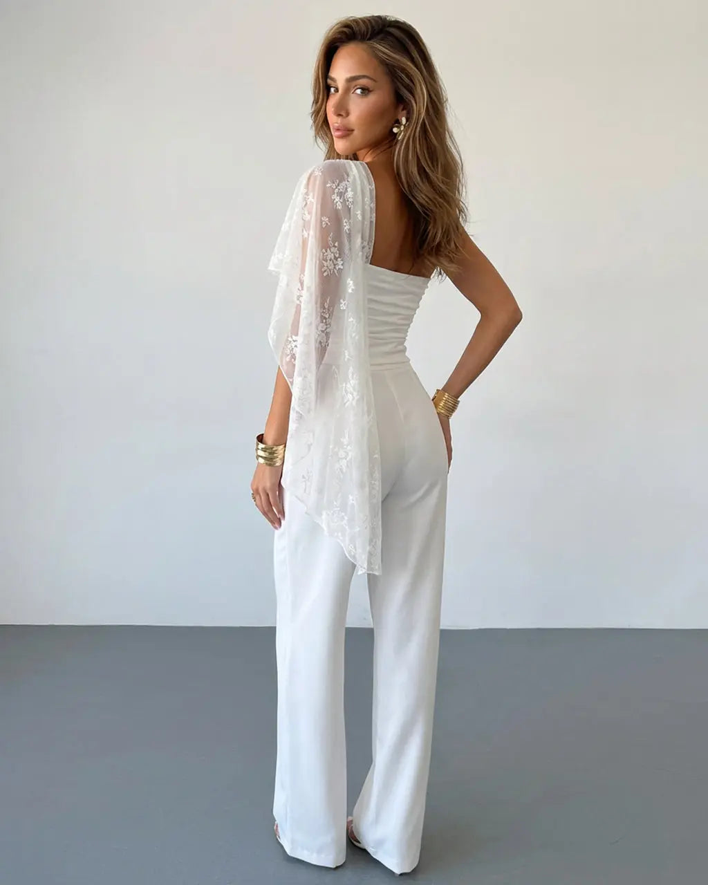 SOLACE  White One Shoulder Floral Lace Overlay Ruched Waist Crop Top 