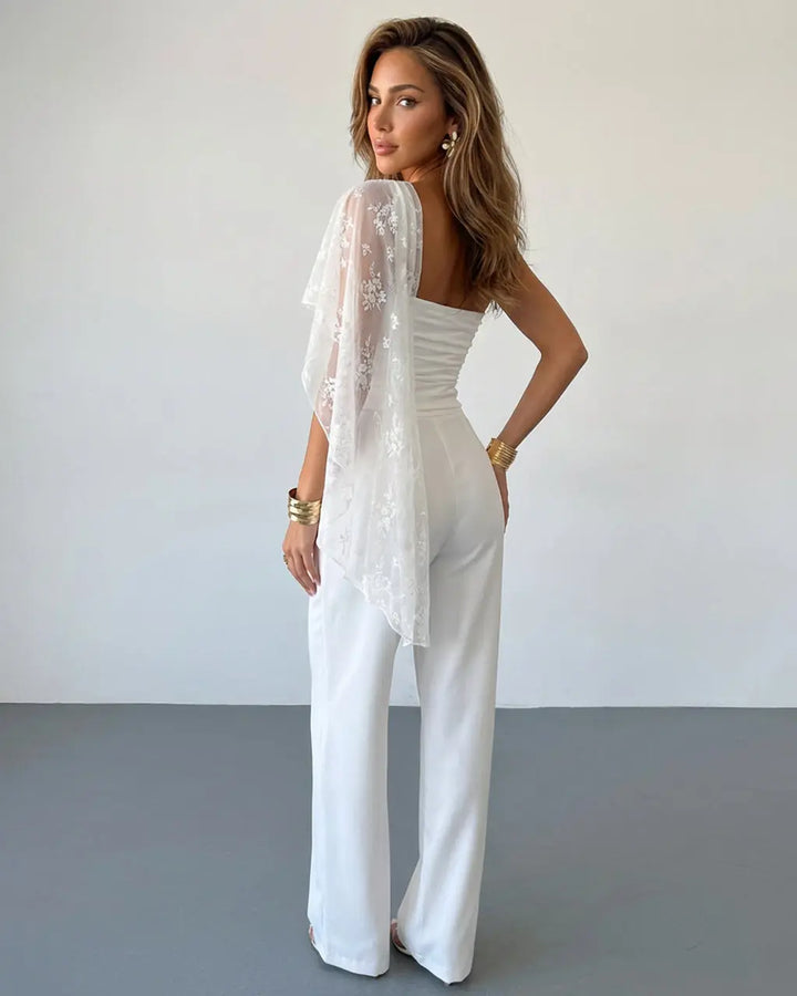SOLACE  White One Shoulder Floral Lace Overlay Ruched Waist Crop Top 